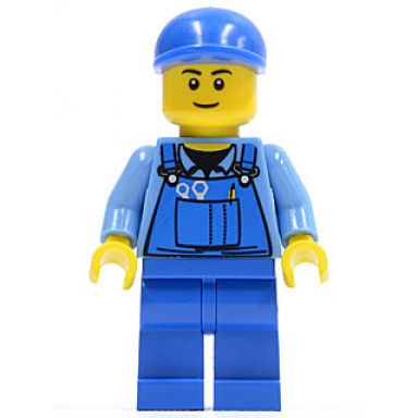 overalls with tools in pocket blue blue short bill cap thin grin
