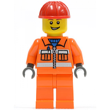 construction worker - orange zipper safety stripes orange arms orange legs red construction helmet open grin