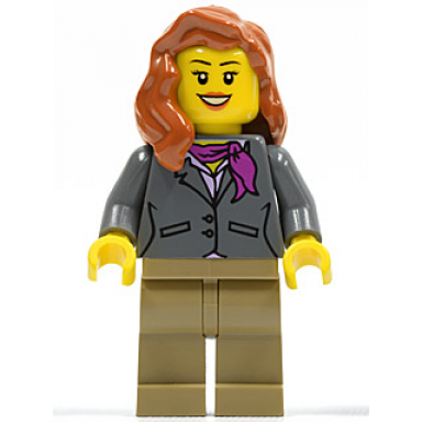 dark bluish gray jacket with magenta scarf dark tan legs dark orange female hair over shoulder
