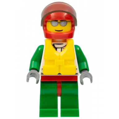 octan - jacket with red and green stripe red hips and green legs red helmet trans-brown visor silver sunglasses life jacket center buckle