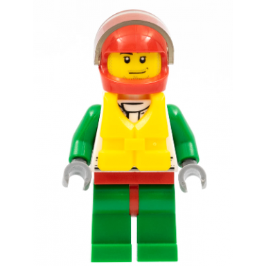 octan - jacket with red and green stripe red hips and green legs red helmet trans-brown visor smirk and stubble beard life jacket center buckle