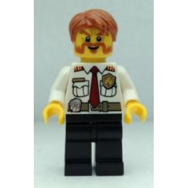 fire chief - white shirt with tie and belt black legs dark orange short tousled hair