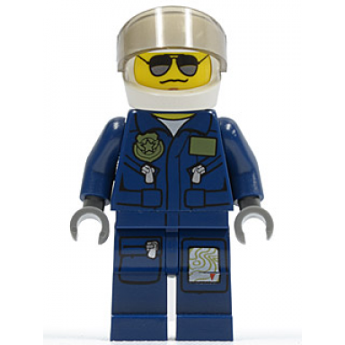 forest police - helicopter pilot dark blue flight suit with badge helmet black and silver sunglasses no eyebrows