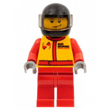 monster truck driver racing suit with airborne spoilers logo black helmet with trans-brown visor crooked smile