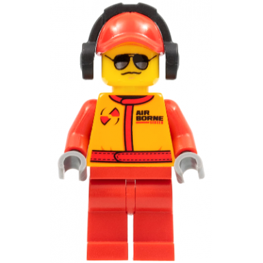 monster truck mechanic racing suit with airborne spoilers logo red cap with hole headphones black and silver sunglasses