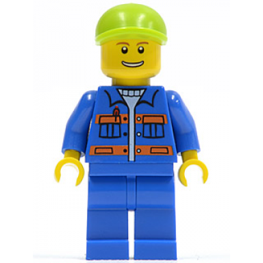 blue jacket with pockets and orange stripes blue legs lime short bill cap thin grin with teeth