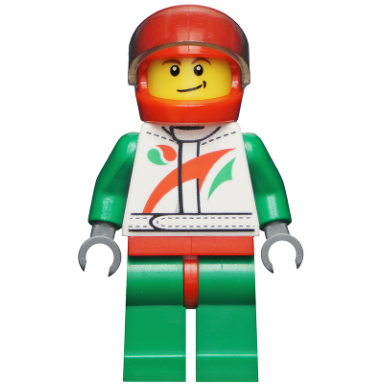 race car driver white racing suit with octan logo red helmet with trans-brown visor crooked smile with black dimple