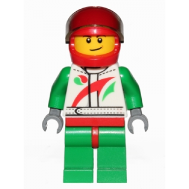 race car driver white racing suit with octan logo red helmet with trans-brown visor crooked smile with brown dimple