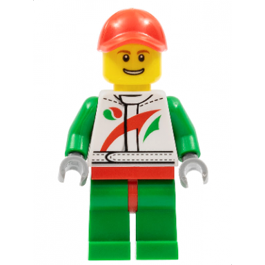 race car mechanic white racing suit with octan logo red cap with hole brown eyebrows thin grin with teeth