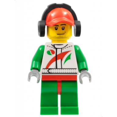 race car mechanic white racing suit with octan logo red cap with hole headphones smirk and stubble beard