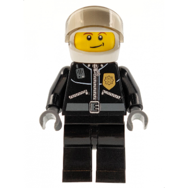 police - city leather jacket with gold badge and police on back white helmet trans-brown visor crooked smile
