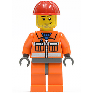 construction worker - orange zipper safety stripes orange arms orange legs dark bluish gray hips red construction helmet smirk and stubble beard