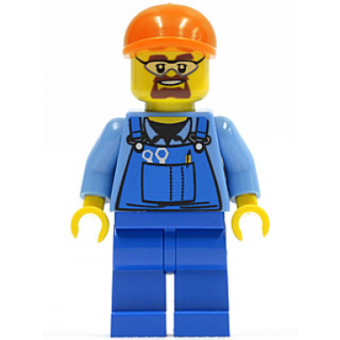 overalls with tools in pocket blue orange short bill cap safety goggles