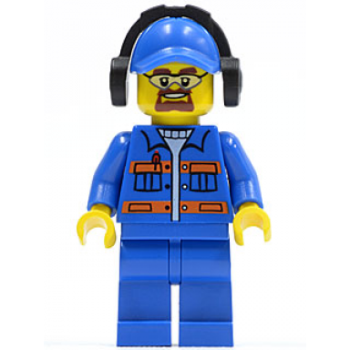 blue jacket with pockets and orange stripes blue legs blue cap with hole headphones safety goggles