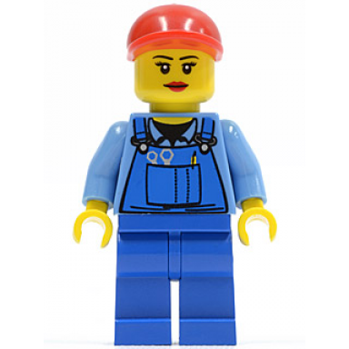 overalls with tools in pocket blue red short bill cap eyelashes and red lips