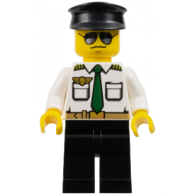 airport - pilot white shirt with dark green tie and belt black legs black hat