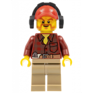 flannel shirt with pocket and belt dark tan legs red cap with hole headphones beard