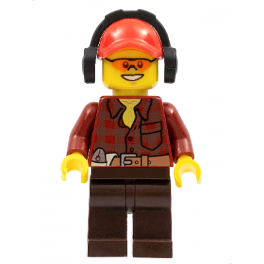 flannel shirt with pocket and belt dark brown legs red cap with hole headphones orange safety glasses