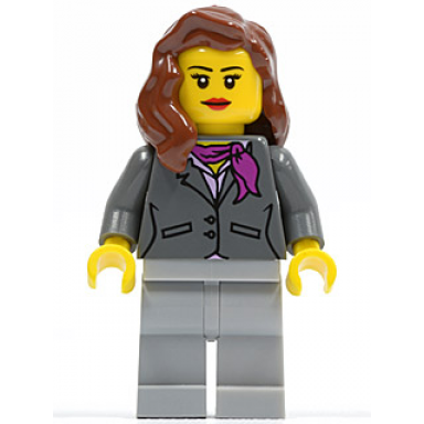 dark bluish gray jacket with magenta scarf light bluish gray legs reddish brown female hair over shoulder red lips