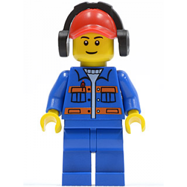 blue jacket with pockets and orange stripes blue legs red cap with hole headphones