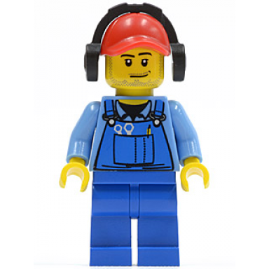 cargo worker - overalls with tools in pocket blue red cap with hole headphones