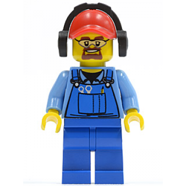 cargo worker - overalls with tools in pocket blue red cap with hole headphones safety goggles