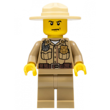 forest police - dark tan shirt with pockets radio and gold badge dark tan legs campaign hat angry eyebrows and scowl