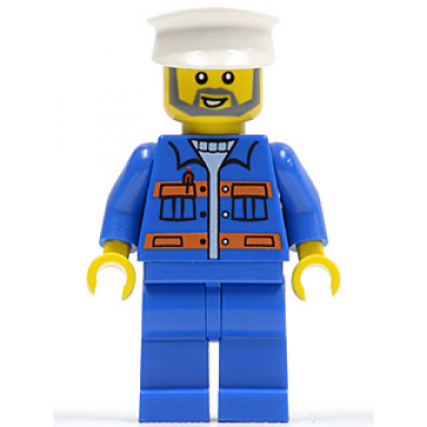 blue jacket with pockets and orange stripes blue legs white hat gray beard
