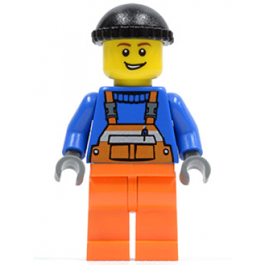 overalls with safety stripe orange orange legs black knit cap dock worker