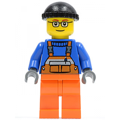overalls with safety stripe orange orange legs black knit cap glasses crane operator