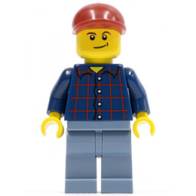 plaid button shirt sand blue legs dark red short bill cap lopsided smile with dimple