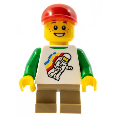 classic space minifigure floating pattern dark tan short legs red short bill cap