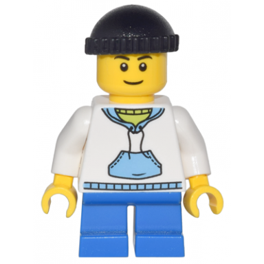 child - boy white hoodie with medium blue pocket blue short legs black knit cap