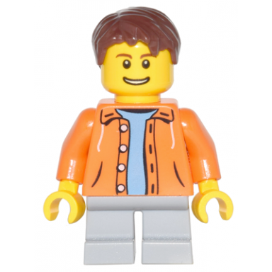 orange jacket with hood over light blue sweater light bluish gray short legs reddish brown short tousled hair