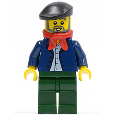 dark blue jacket light blue shirt dark green legs red bandana black beret