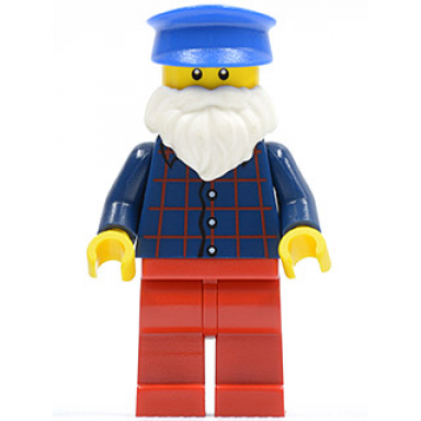 plaid button shirt red legs white short beard blue hat
