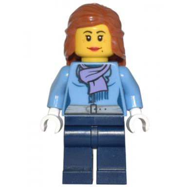 medium blue jacket with light purple scarf dark blue legs dark orange female hair mid-length