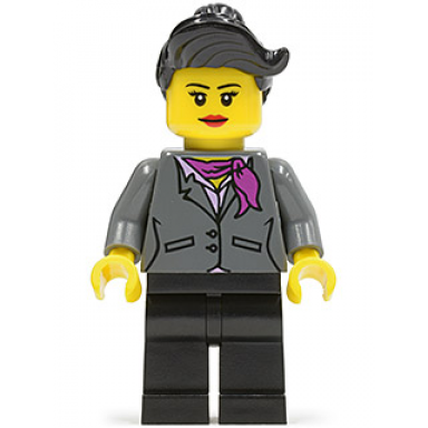 dark bluish gray jacket with magenta scarf black legs top knot bun