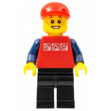 red shirt with 3 silver logos dark blue arms black legs red short bill cap freckles