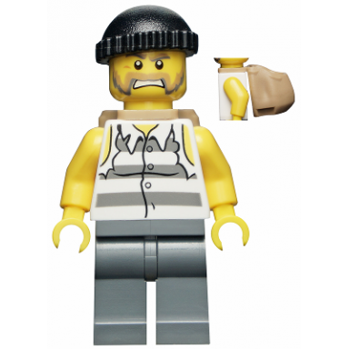 police - jail prisoner shirt with prison stripes and torn out sleeves dark bluish gray legs black knit cap backpack