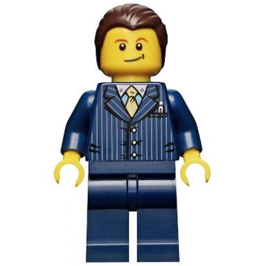 businessman pinstripe jacket and gold tie dark blue legs dark brown hair crooked smile