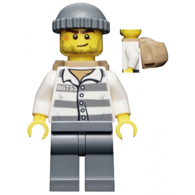 police - jail prisoner 86753 prison stripes dark bluish gray knit cap backpack crooked smile and scar