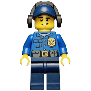 police - city officer gold badge dark blue cap with hole headphones lopsided grin