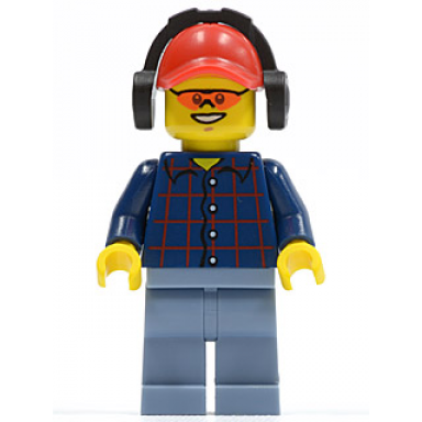 plaid button shirt sand blue legs red cap with hole black headphones