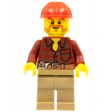 flannel shirt with pocket and belt dark tan legs red construction helmet beard