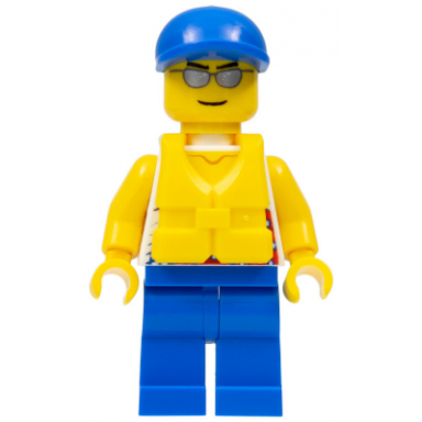 tank top with surfer silhouette blue legs blue short bill cap life jacket center buckle silver sunglasses