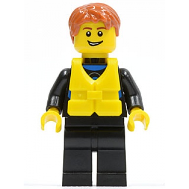 wetsuit with blue sign black legs dark orange short tousled hair life jacket center buckle open grin