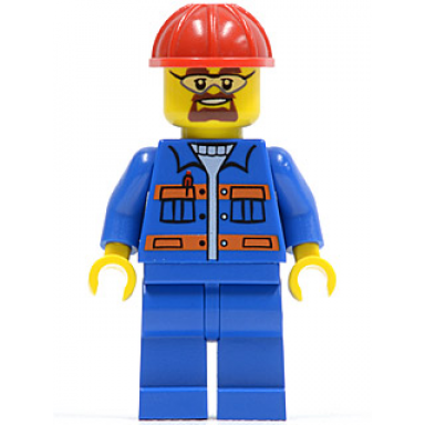 blue jacket with pockets and orange stripes blue legs red construction helmet safety goggles