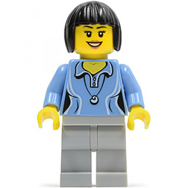medium blue female shirt with two buttons and shell pendant light bluish gray legs black bob cut hair