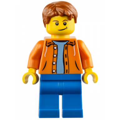 orange jacket with hood over light blue sweater blue legs dark orange short tousled hair crooked smile with black dimple
